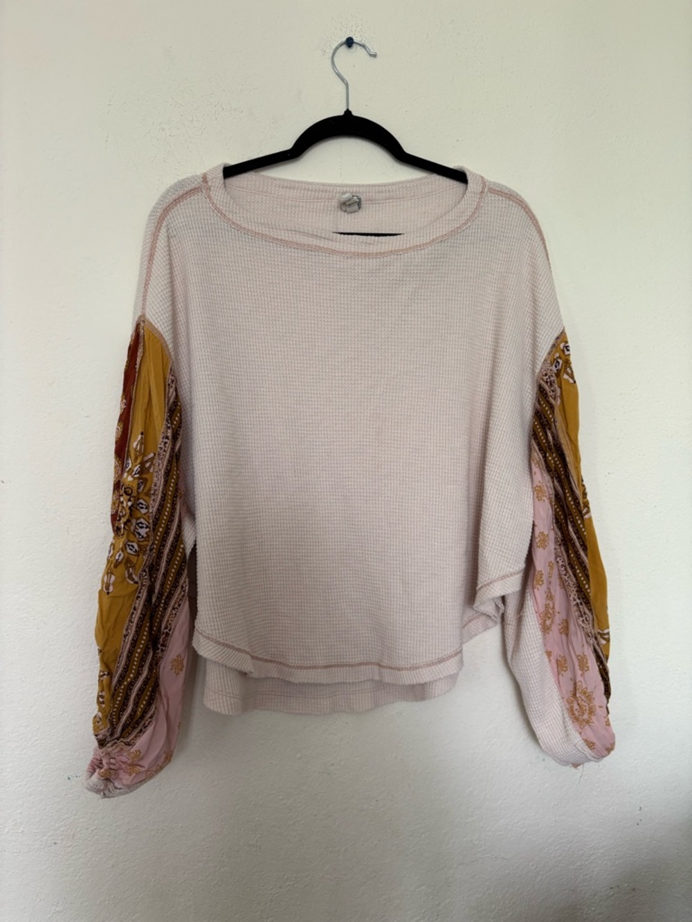 We The Free Blush Pink Waffle Pullover with Mustard & Dusty Rose Balloon Sleeves